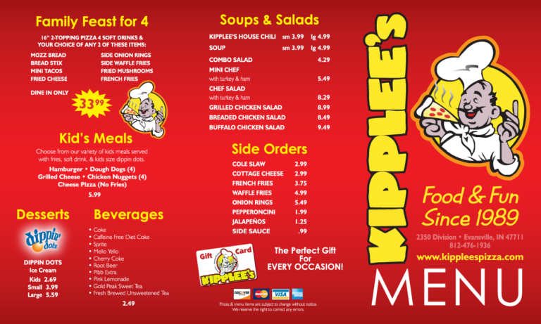 Menu - Kipplee's | Local Evansville Pizza Restaurant and Bar